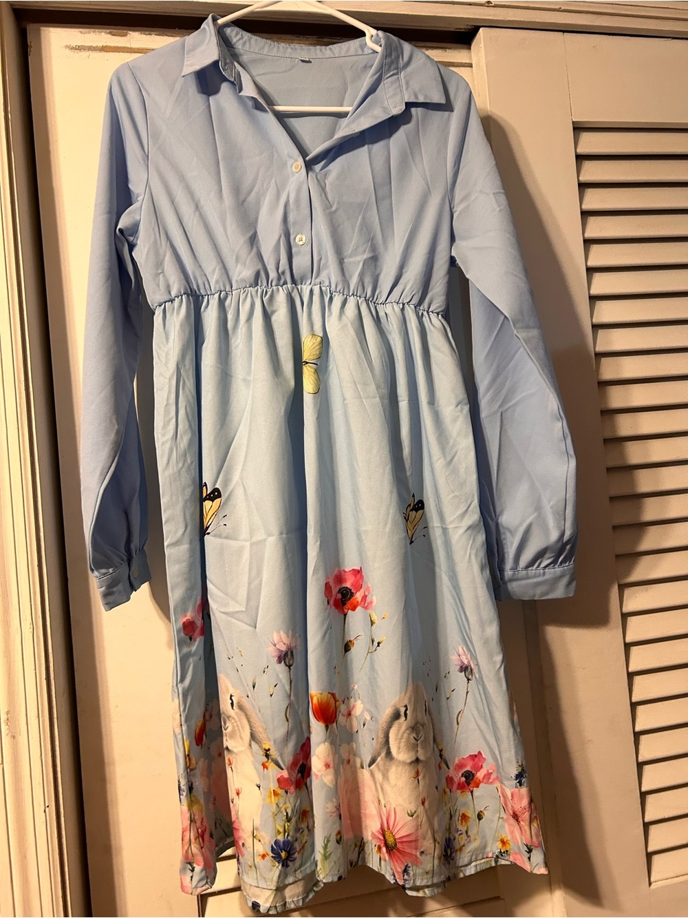 Light Blue Floral & Bunny Long-Sleeve Girls Dress by